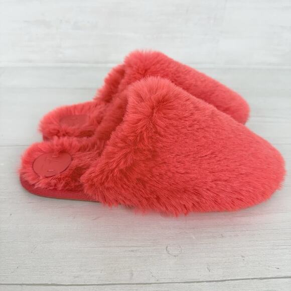 Anthropologie Sadie Fuzzy Faux Fur Slippers Size S/M‎ (Fits 6-7) Coral Pink Cozy - Picture 3 of 12